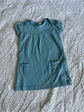 Baby Boden Teal and White Striped Casual Dress Pockets 100% Cotton